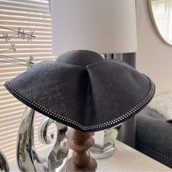 VTG NWT Adolfo II Black Straw Rhinestone Trim Hat - Picture 1 of 13